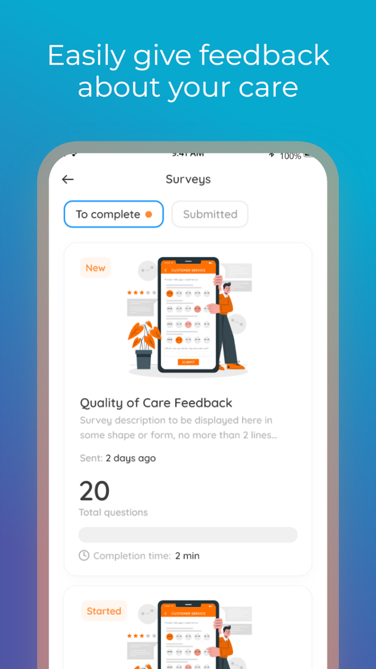 The "Surveys" screen showing a list of pending feedback forms. The top card is a "Quality of Care Feedback" survey sent 2 days ago, containing 20 total questions with an estimated completion time of 2 minutes. The tab for "To complete" is currently selected.