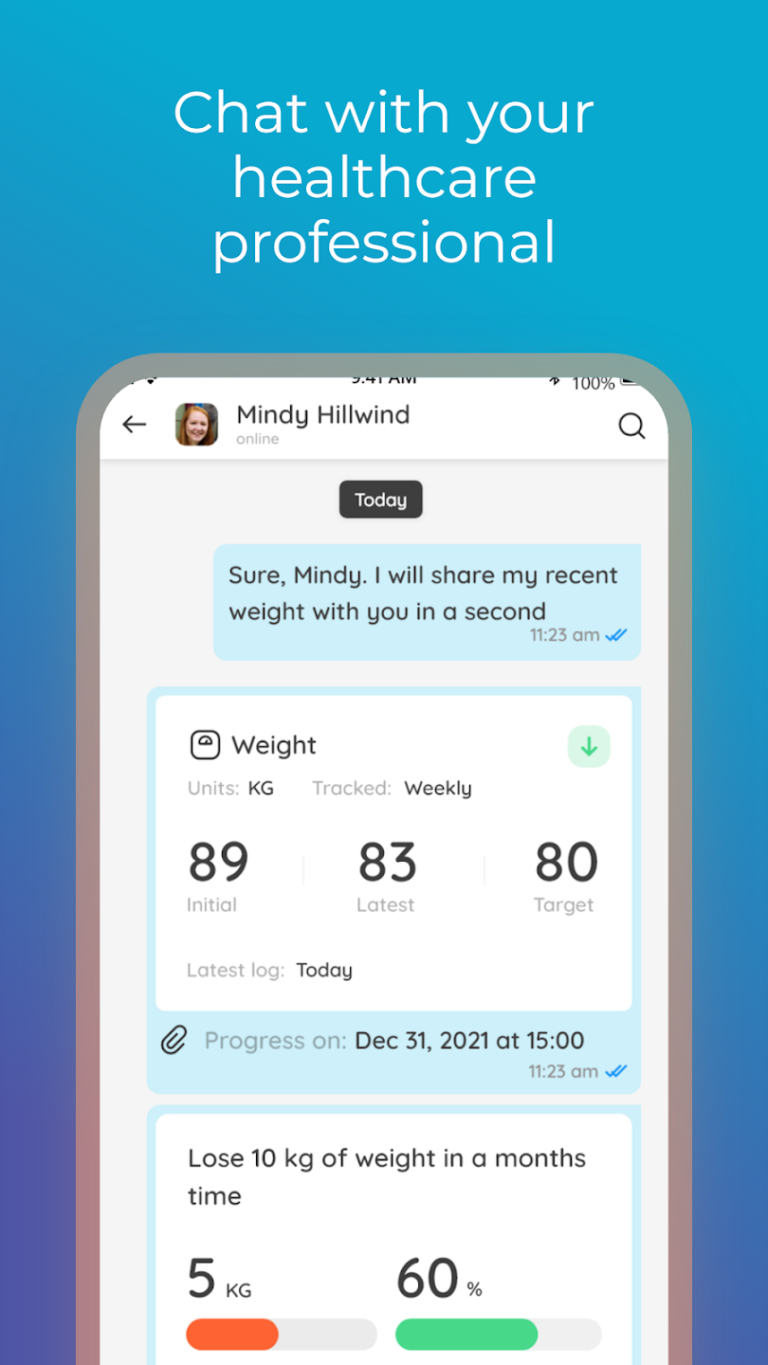 An in-app chat interface with a healthcare professional named Mindy Hillwind. The user has shared a "Weight" progress card showing an initial weight of 89kg, a latest weight of 83kg, and a target of 80kg. Below is a progress bar for the goal "Lose 10 kg of weight in a month's time," showing 60% completion.