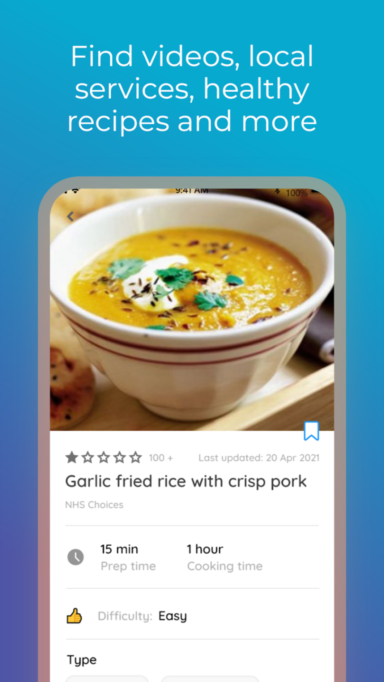 A detailed recipe view for "Garlic fried rice with crisp pork" from NHS Choices. The screen shows a vibrant photo of the dish in a bowl, a 4.5-star rating from over 100 users, a prep time of 15 minutes, a cooking time of 1 hour, and a difficulty level of "Easy."