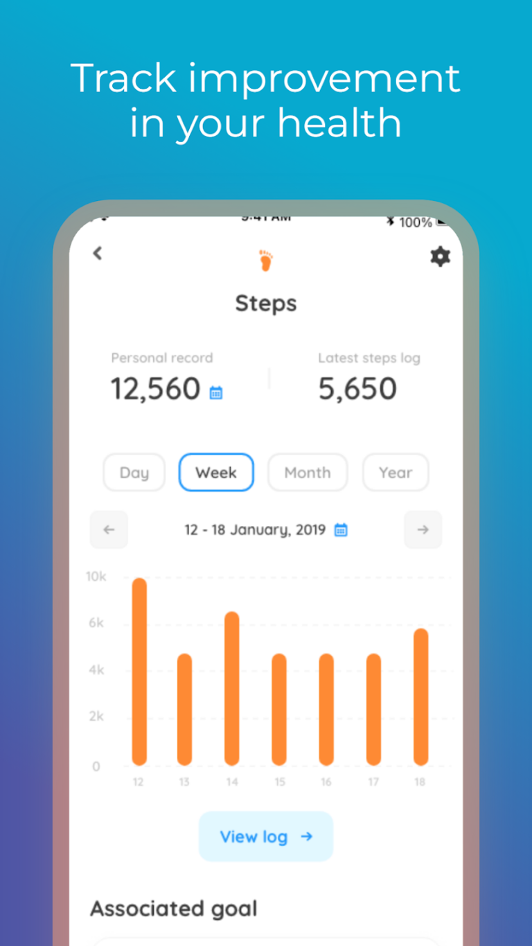 A smartphone screen showing the "Steps" tracking feature of the SDHC Wellbeing app. It displays a personal record of 12,560 steps and a latest log of 5,650 steps. An orange bar chart visualizes daily step counts for the week of January 12–18, 2019, with a button at the bottom to "View log."
