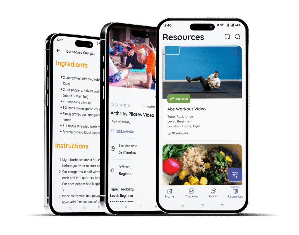 Three smartphone screens displaying the SDHC app interface. The screens show a healthy recipe for barbecued courgettes, a 32-minute Arthritis Pilates video details page, and a Resources hub featuring exercise videos and healthy meal ideas. The design is clean with orange and blue accents.